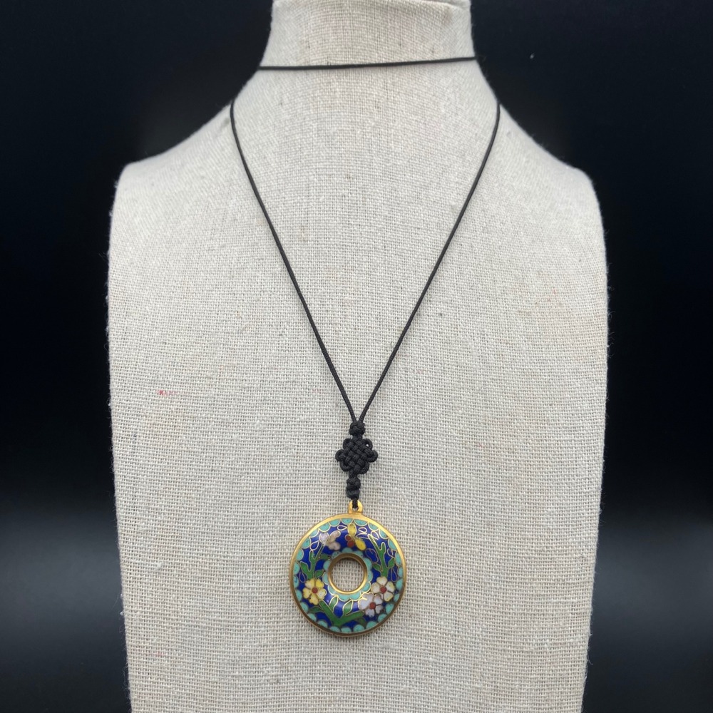 Cloisonné Enamel Floral Donut Pendant Necklace Knotted Cord Butterfly Blue Green